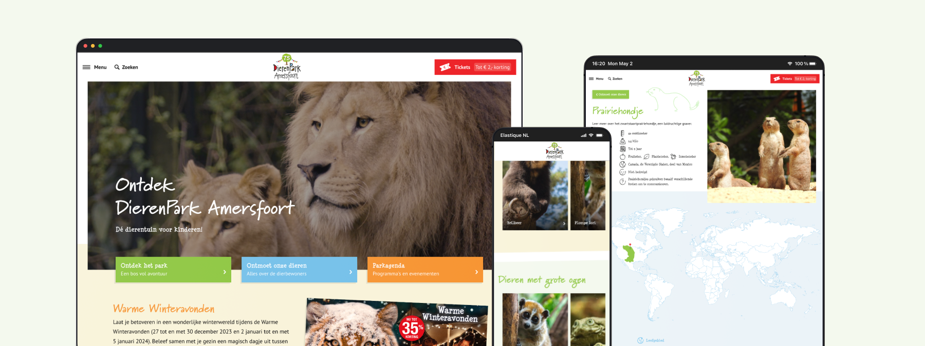Screens of the website of Dierenpark Amersfoort