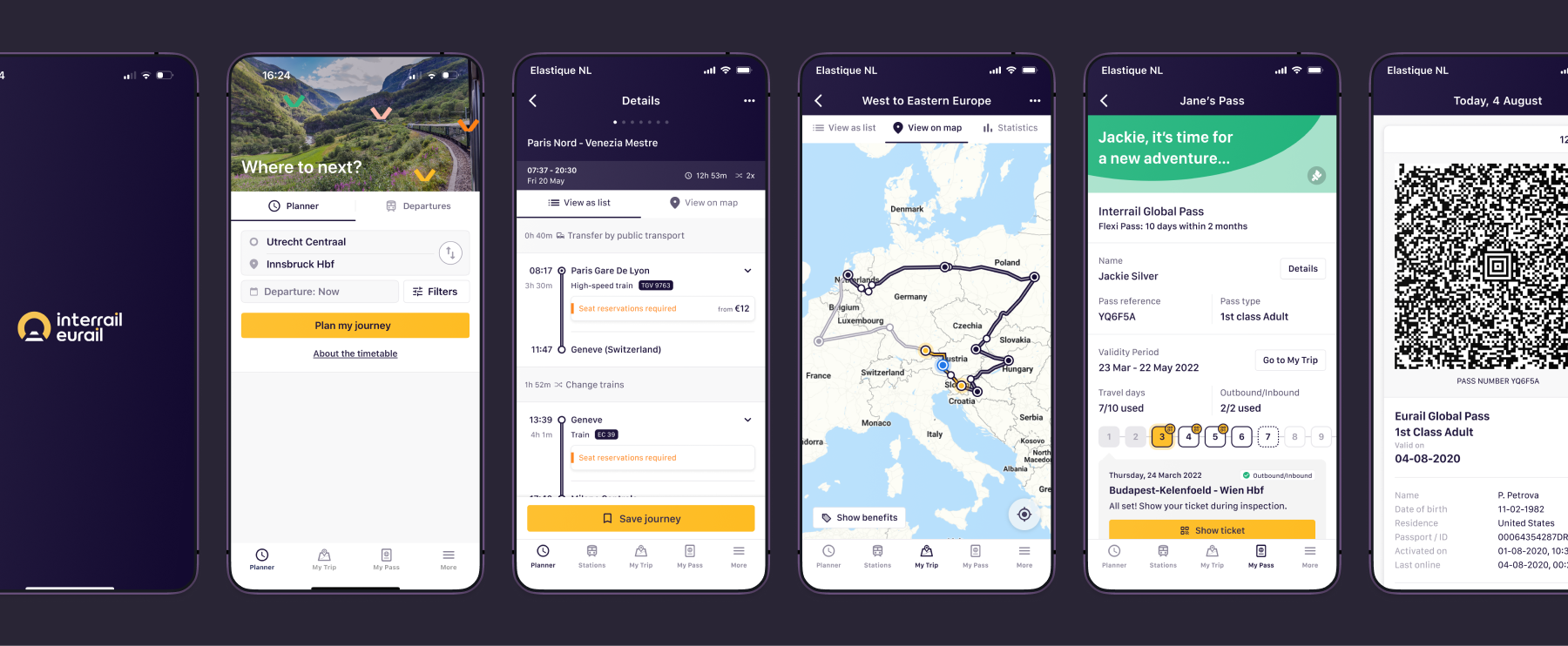 Most crucial screens of the app: Planner, Trip, Pass and a QR-ticket.